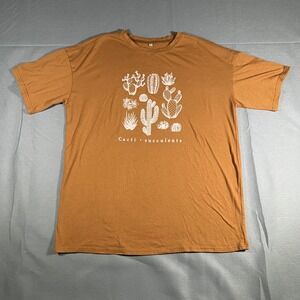 Womens XL‎ Cacti Succulents Graphic T-Shirt Oversized Brown Cute Top